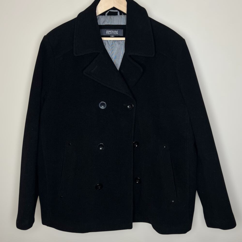 Kenneth Cole Reaction Wool Blend Pea Coat XL Mens Double Breasted Jacket Black